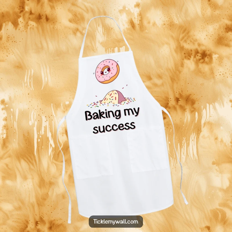Funny donut apron featuring a determined donut mid-leap over sprinkles, a humorous and functional kitchen accessory.