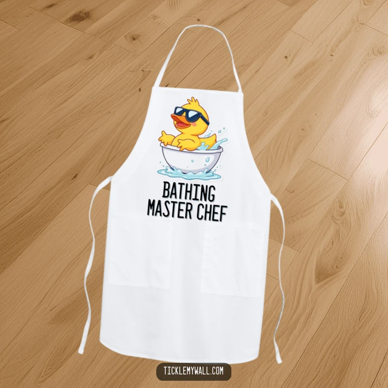 Funny rubber duck in sunglasses launching from a bathtub splash, a practical and humorous apron for cooking.