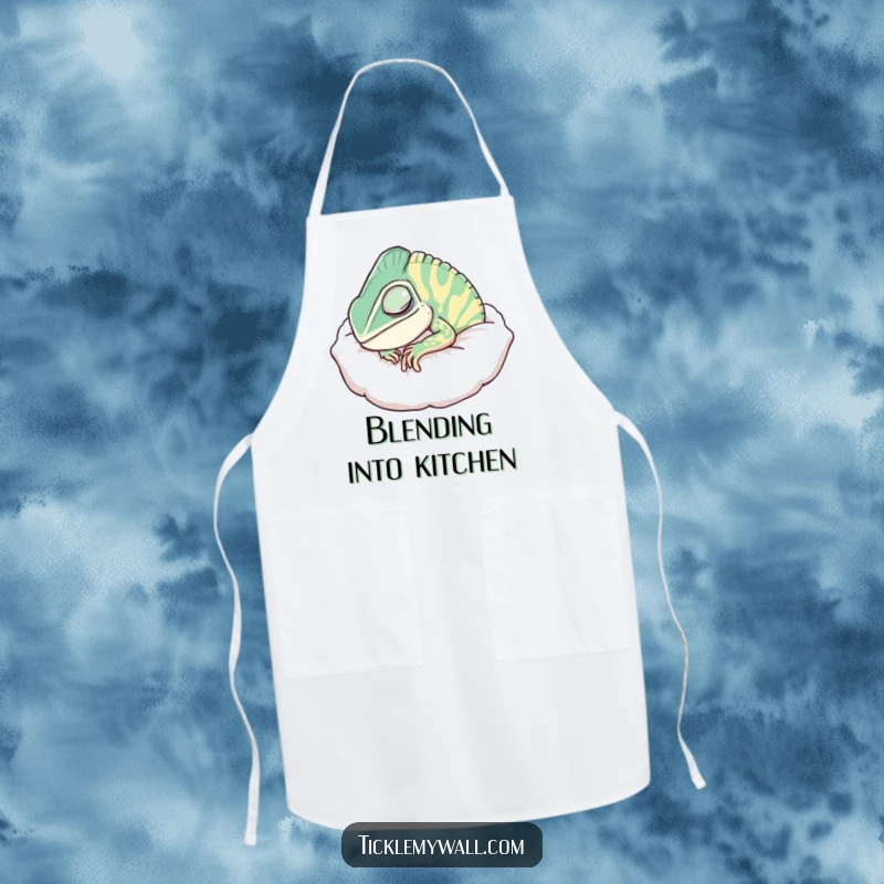 Funny Chameleon Pillow Apron, a chameleon camouflaged as a comfy pillow, snoring, ideal for kitchen fun.