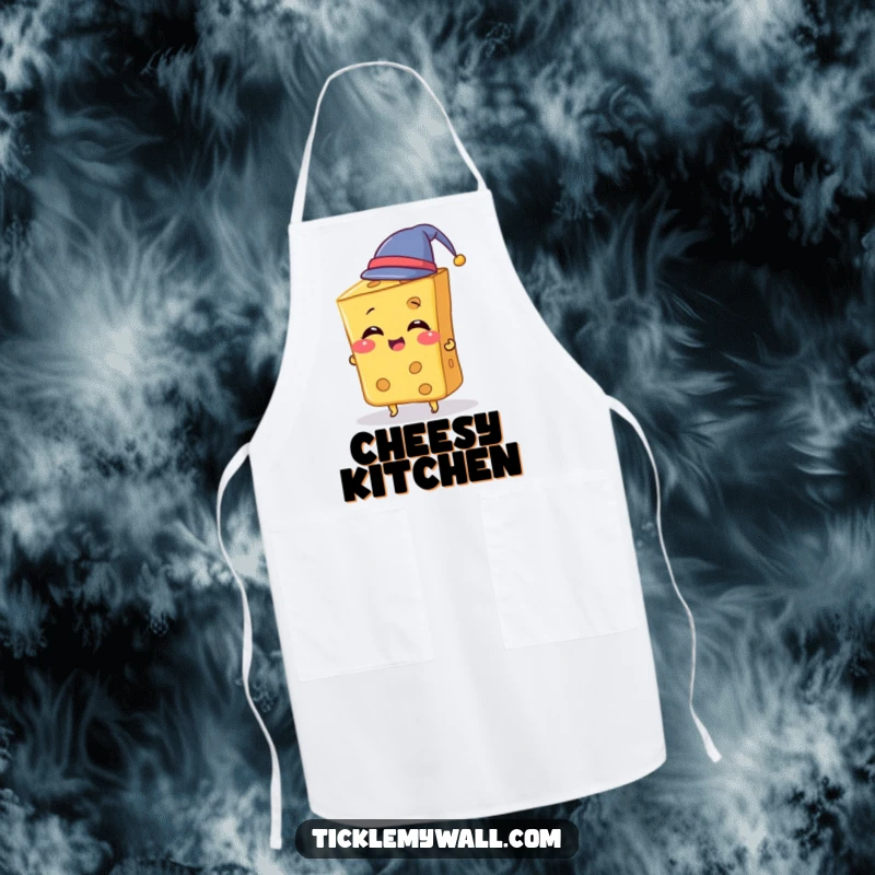 Funny Cheese Apron showing a giggling slice of cheese humorously trying to wear a tiny hat while cooking, perfect for kitchen fun.