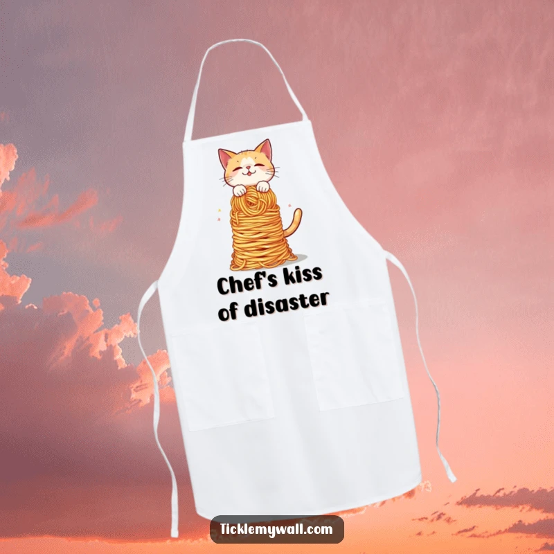 Funny Cat Spaghetti Balance Apron: A cat wobbles with a spaghetti mountain, a funny and practical kitchen accessory.
