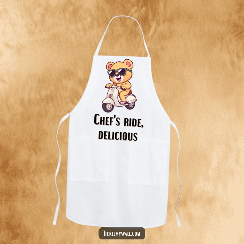 Funny teddy bear in sunglasses riding a tiny scooter, durable kitchen apron, perfect for cooking and baking fun.
