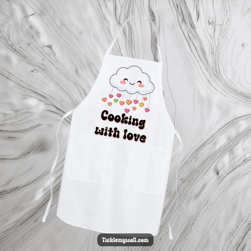 Funny kitchen apron featuring a smiling cloud raining tiny, colorful, bouncing hearts, adding joy to cooking tasks.