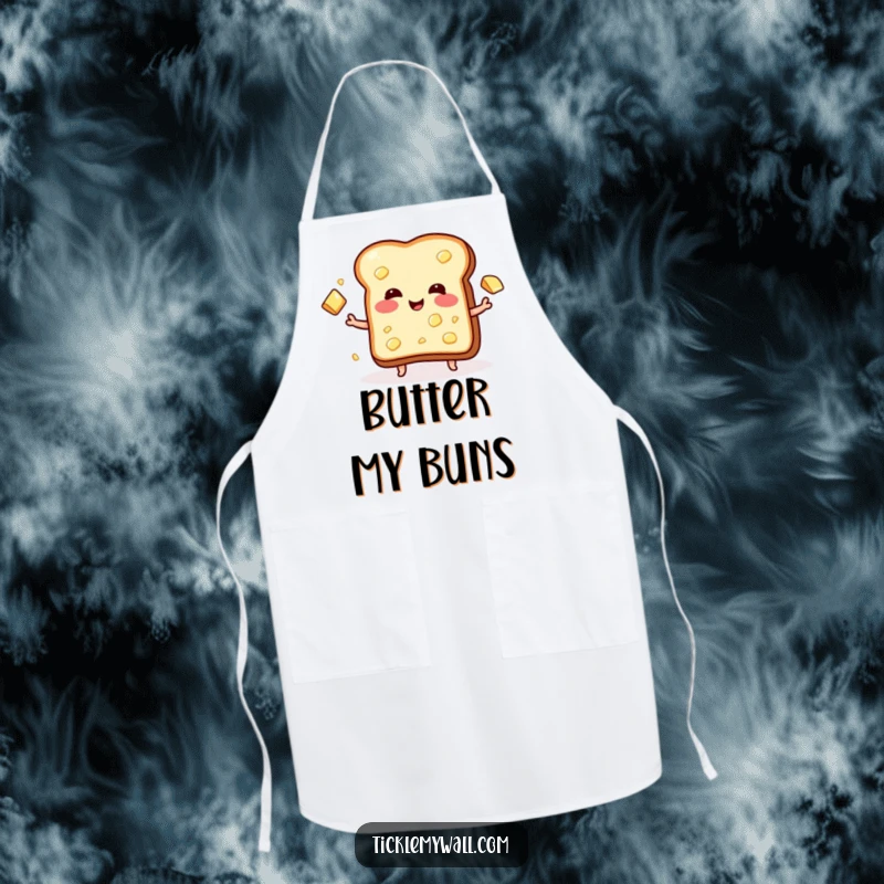 Funny apron depicting a blushing piece of toast enthusiastically juggling pats of butter while cooking or baking.