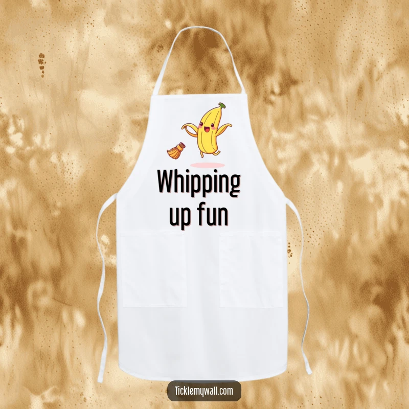 Funny banana peel apron showing a thrilled peel dancing with a broom, a humorous and practical kitchen accessory.