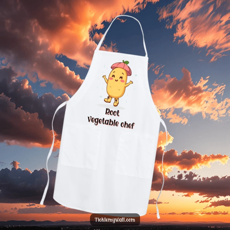 Funny Dancing Potato Boots Rain Apron: A happy potato in boots dances in rain, a funny kitchen apron.