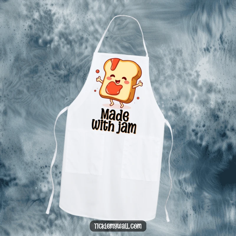 Funny dancing slice of toast with jam splattering playfully, printed on a stylish apron for kitchen humor.