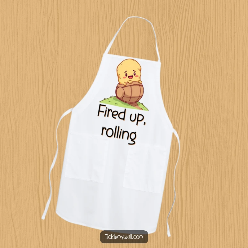 Funny determined potato rolling down a hill inside a tiny barrel on a kitchen apron, for humorous cooking.