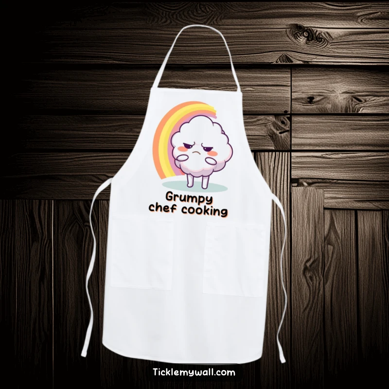 Funny Apron: A grumpy cloud character attempting to hug a rainbow, designed for kitchen fun with a humorous twist.