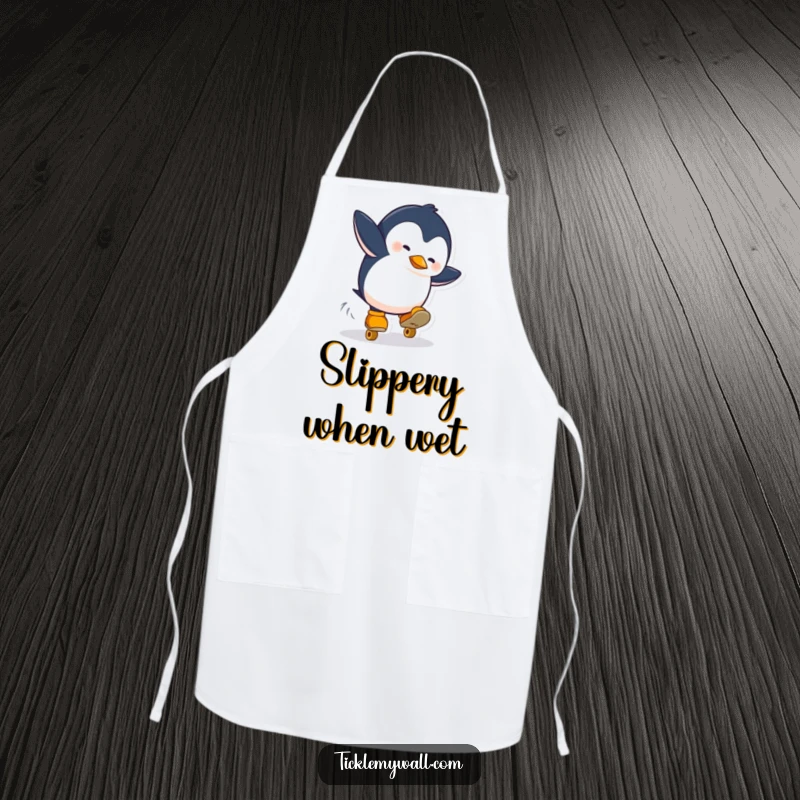 Funny apron depicting a penguin falling off roller skates in a kitchen setting. A humorous and practical accessory for chefs.