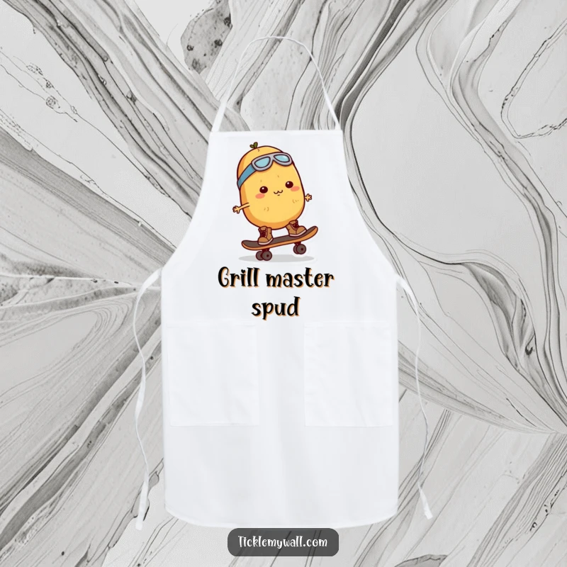 Funny Potato Skater Apron: A determined potato character on a skateboard, ready for kitchen creativity and laughter.