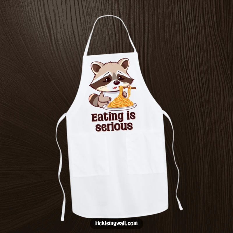 Funny confused raccoon wearing a bib attempting to eat spaghetti with chopsticks, a practical and humorous apron.