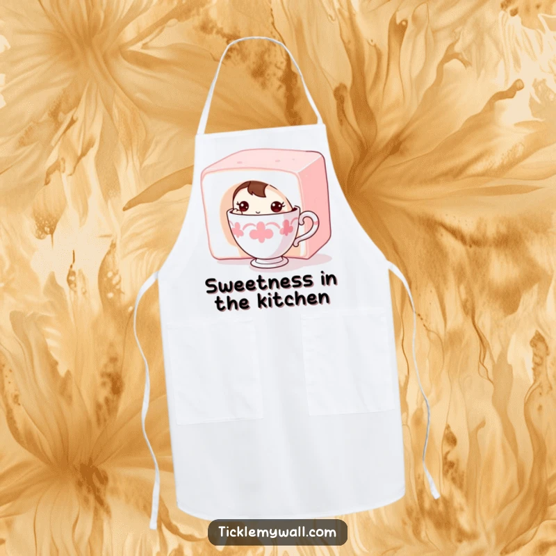 Funny Shy Teacup Apron: A shy teacup character hiding behind a sugar cube, perfect for sweet kitchen moments.