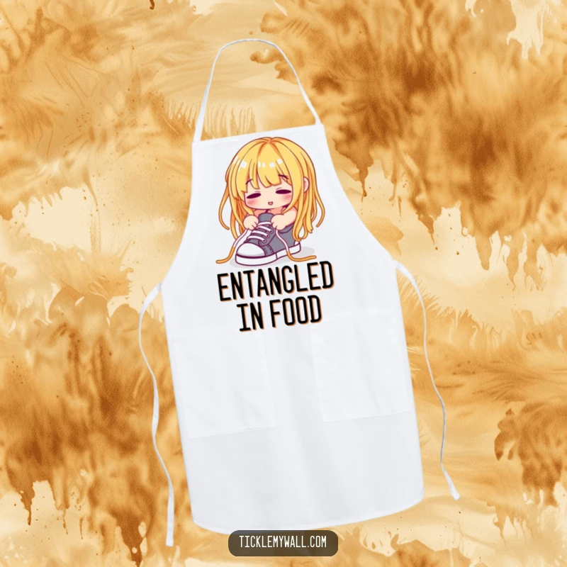 Funny Spaghetti Noodle Apron, a spaghetti strand humorously trying to tie shoelaces, ideal for humorous cooking.