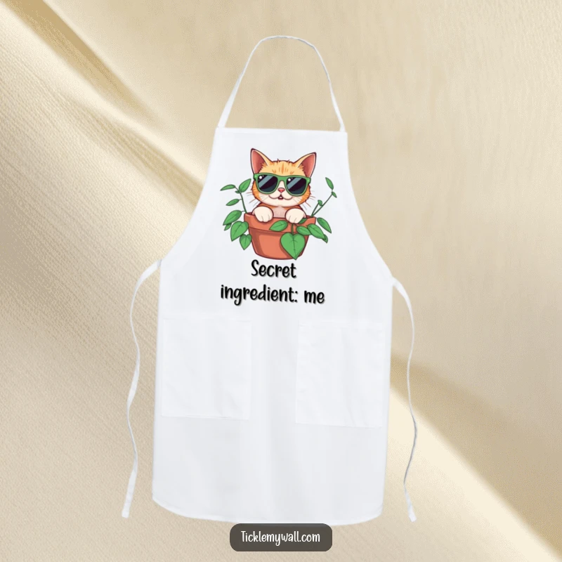 Funny surprised cat wearing oversized sunglasses peeking from a potted plant, printed on a stylish apron for kitchen humor.