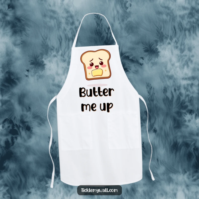 Funny apron featuring determined toast reaching for butter, perfect for cooking with a humorous breakfast-themed mission.