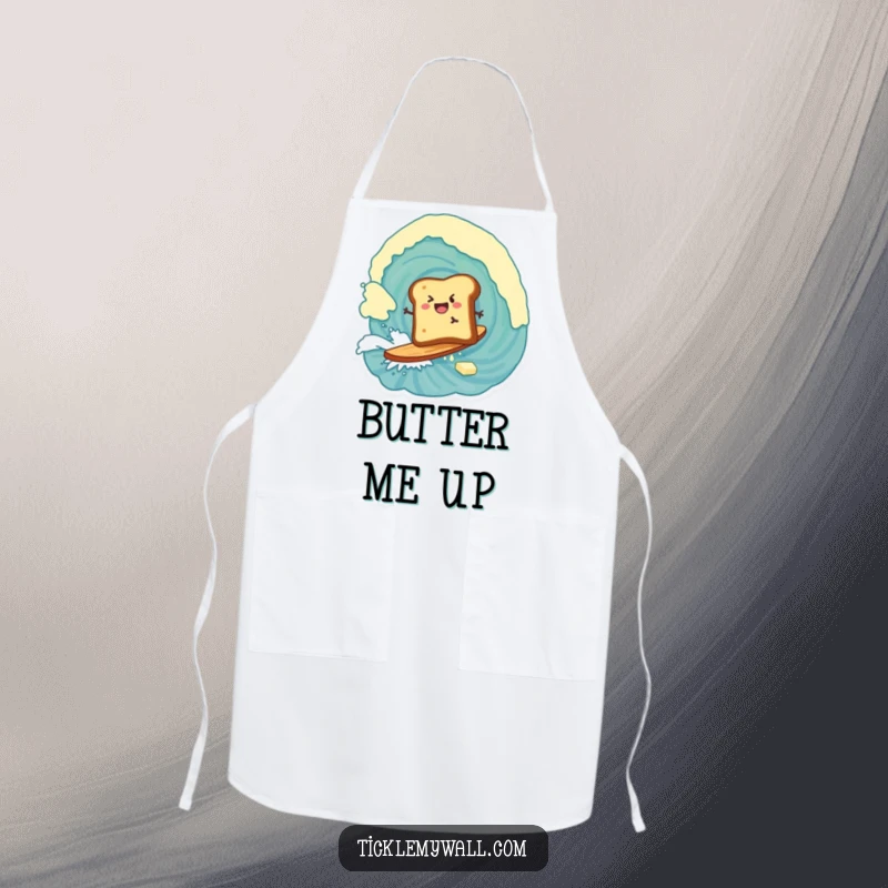 Funny apron featuring a piece of toast surfing a huge wave of butter, a humorous kitchen accessory.