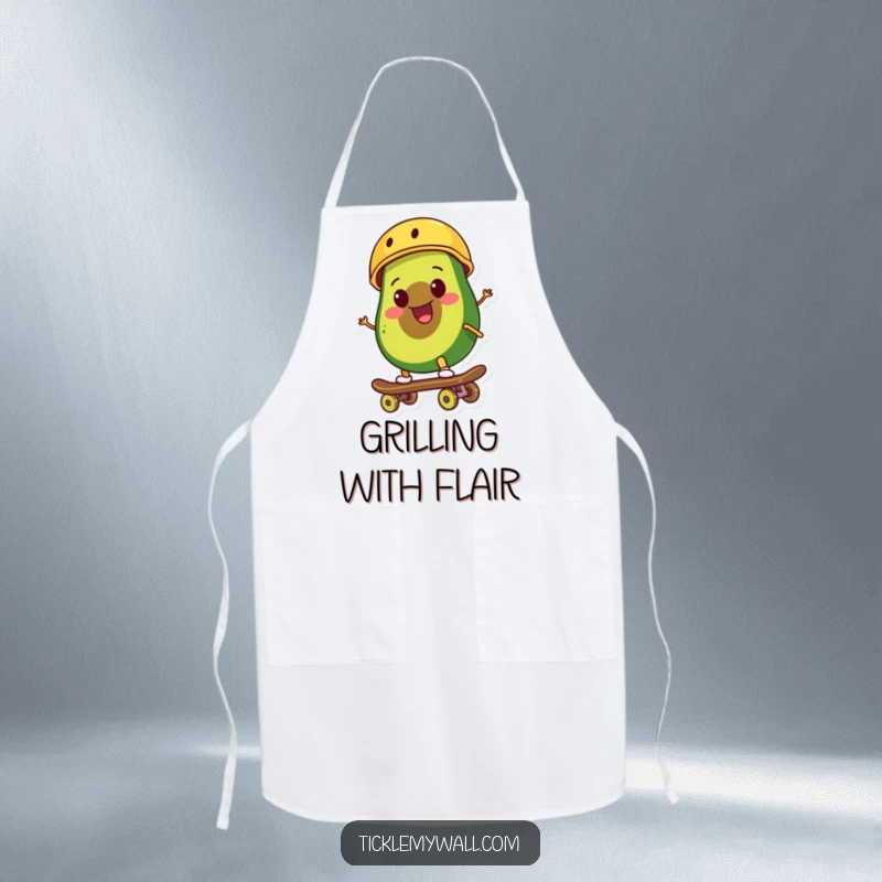 Funny smiling avocado wearing a tiny helmet rides a skateboard with a cool, determined expression on a durable kitchen apron.
