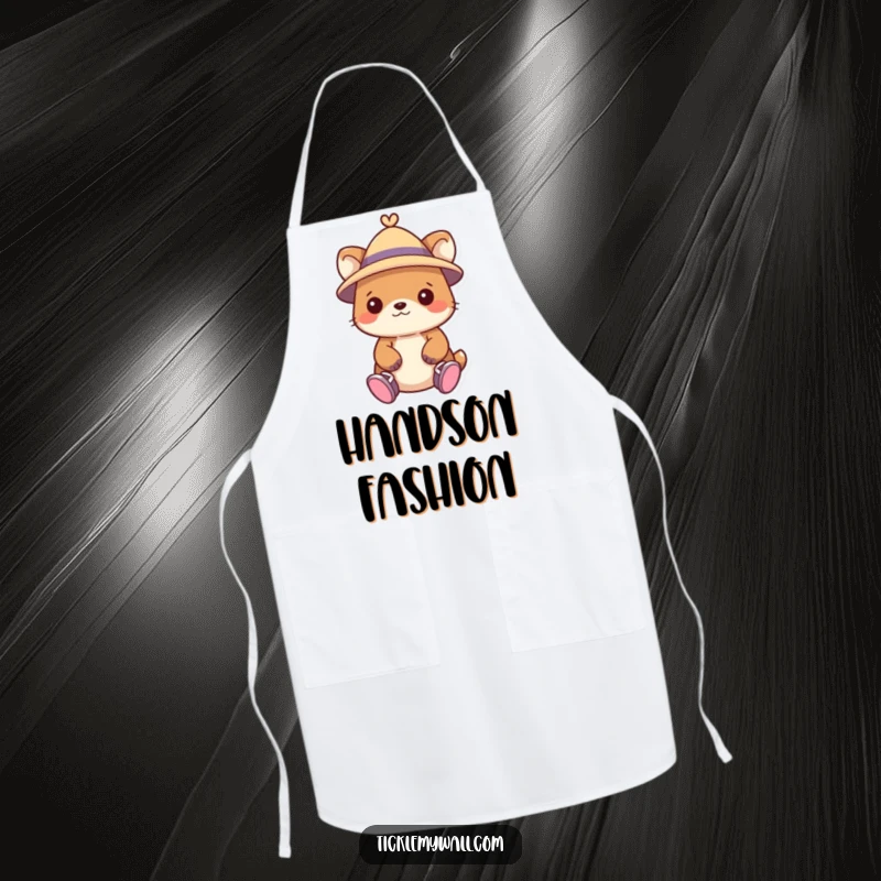 Funny apron showcasing a charming animal character wearing a tiny hat and hilariously sporting shoes on its hands.