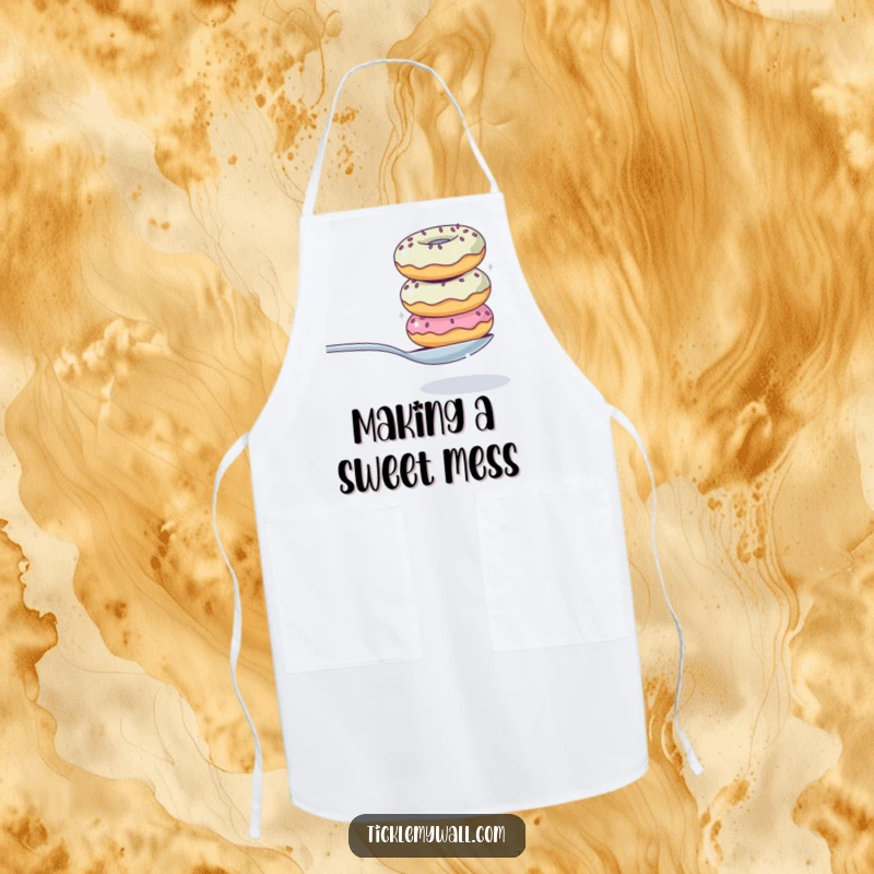 Funny apron depicting a comical stack of donuts hilariously trying to balance a spoon, ideal for humorous kitchen activities.