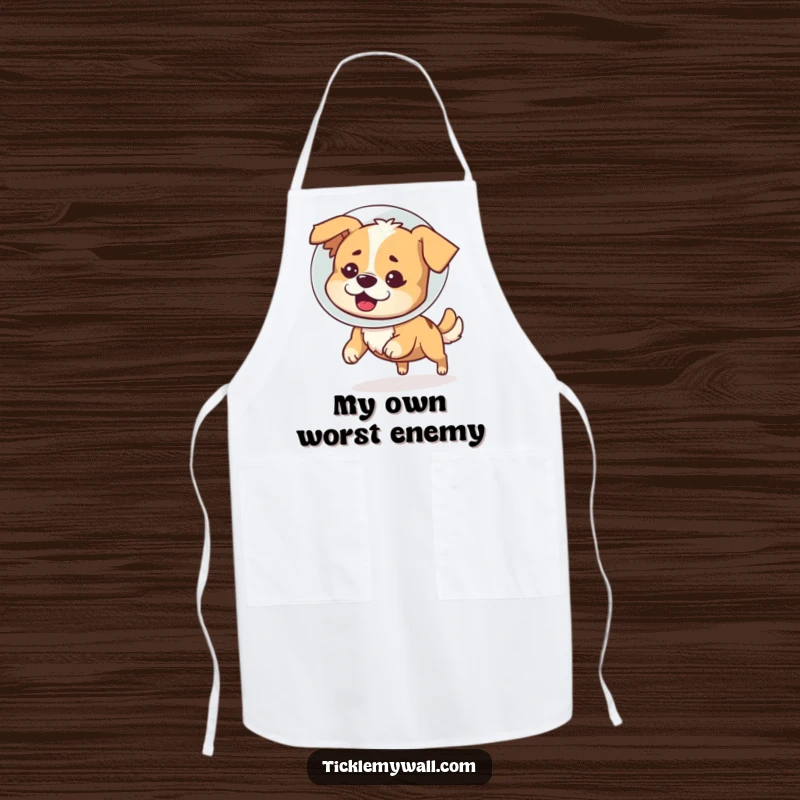 Funny kitchen apron illustrating a bewildered dog wearing a cone of shame and spinning while chasing its tail, great for cooks.