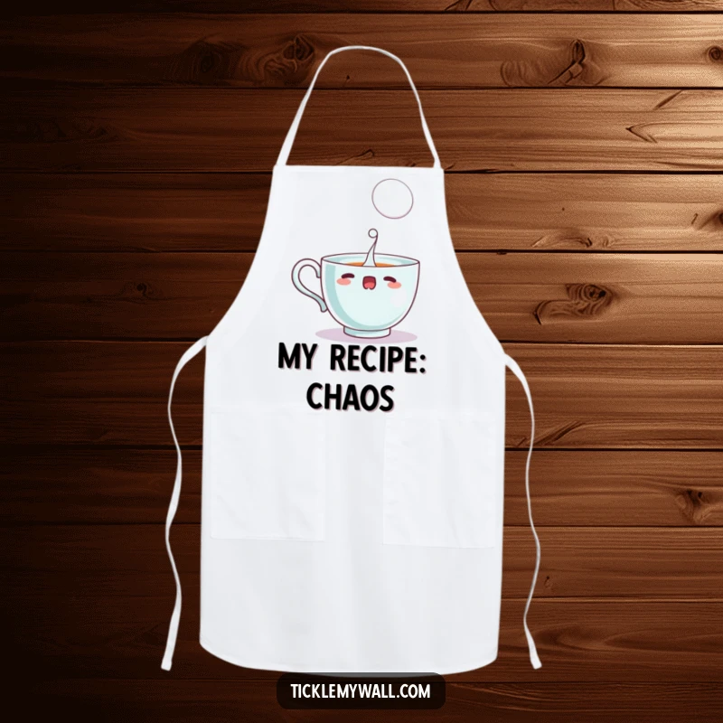 Funny startled teacup spilling a single, large bubble, printed on a stylish apron for kitchen humor.