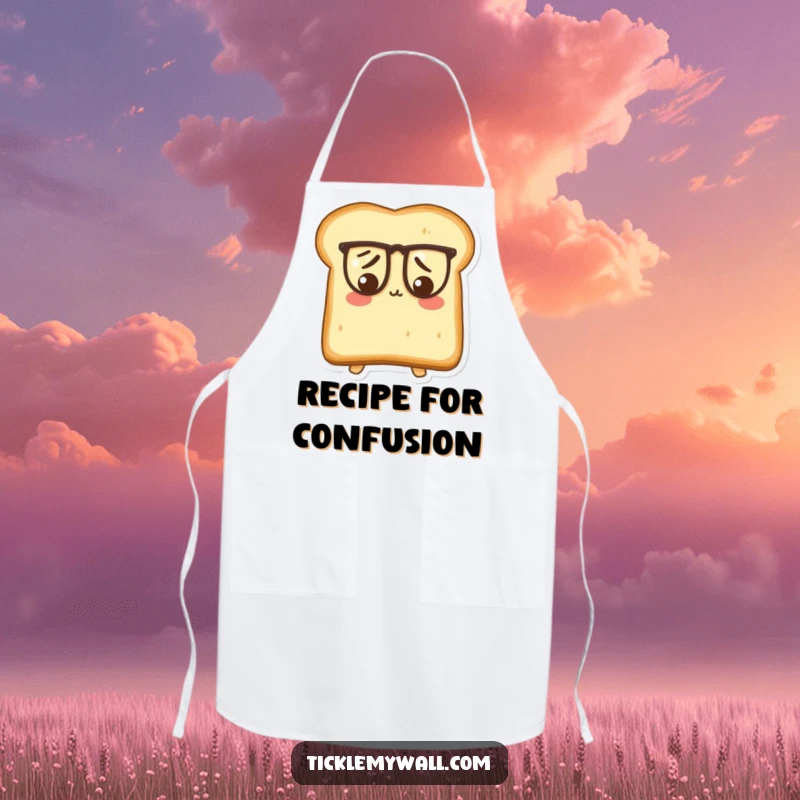 Funny Puzzled Toast Apron: A confused piece of toast wearing large glasses, a humorous kitchen accessory.