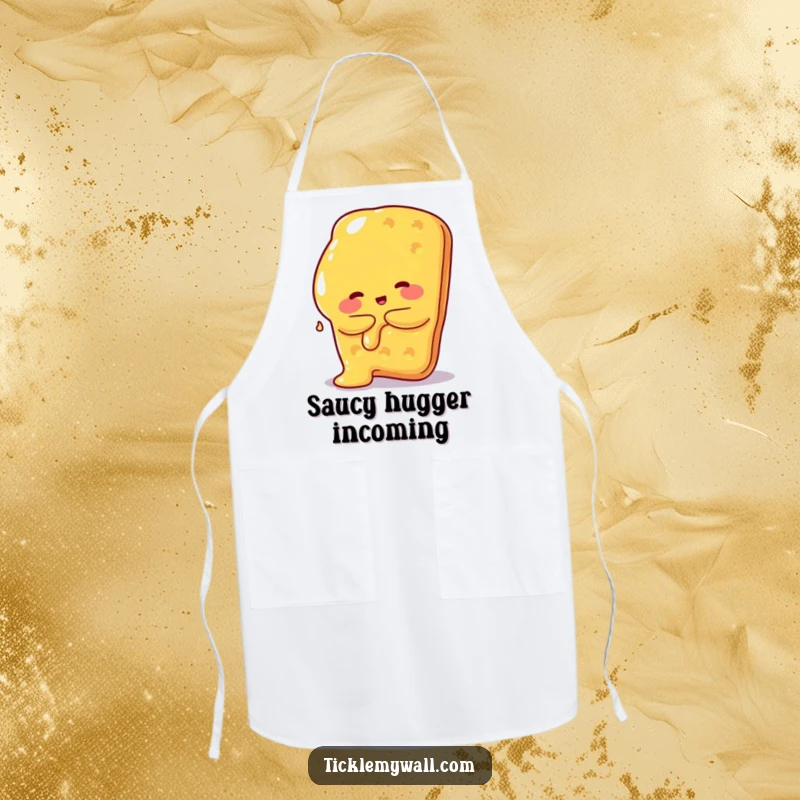 Funny apron showing a melted cheese blob hugging a giant cracker, ideal for kitchen use and food lovers.