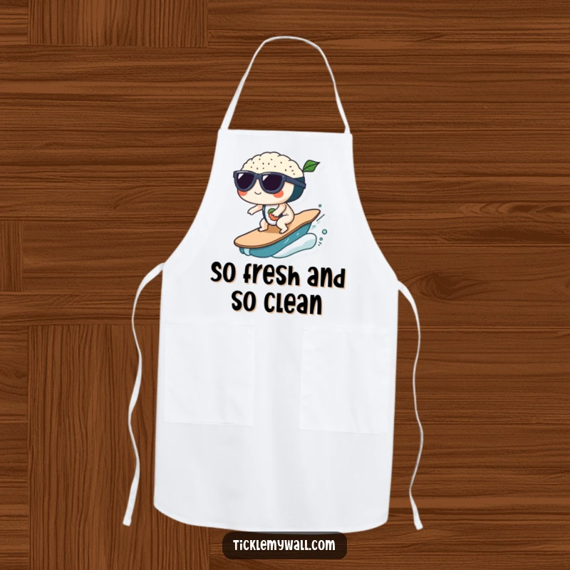 Funny Sushi Wave Sunglasses Apron: Sushi wearing sunglasses surfs a wave while cooking, a funny gift.