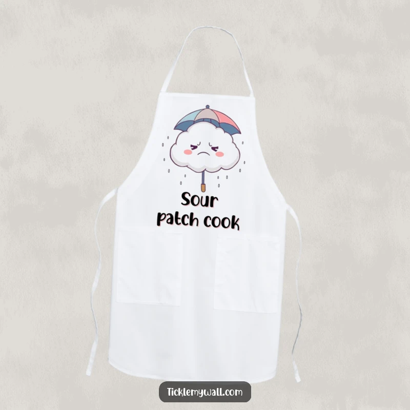 Funny Grumpy Cloud Apron, a grumpy cloud under a small umbrella, raining giggles, ideal for humorous cooking.