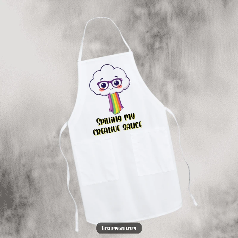 Funny, cartoon cloud wearing eyeglasses, joyfully pouring a vibrant rainbow over a practical, comfortable apron.