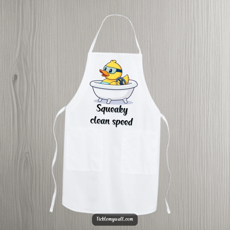 Funny apron featuring a rubber duck aggressively steering a bathtub like a race car, a humorous kitchen accessory.