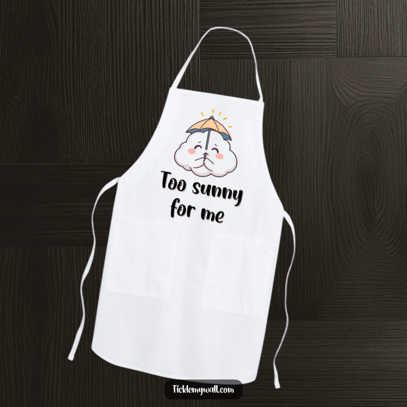 Funny apron featuring a nervous cloud with a tiny umbrella, comically trying to block a single sunbeam. Great for kitchen humor.