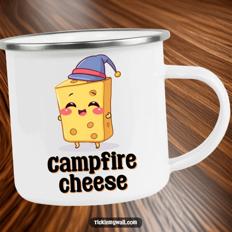 Funny Cheese Camping Mug showing a giggling slice of cheese trying on a small hat in an outdoor setting, great for adventurers.