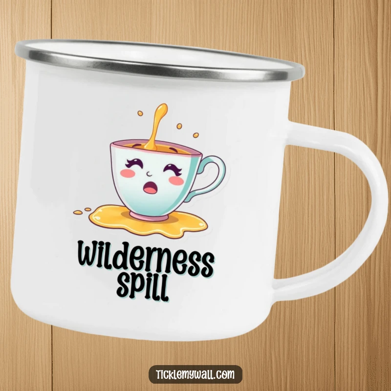 Funny Teacup Camping Mug featuring a cheerful teacup character comically spilling tea during an outdoor adventure, great for nature lovers.