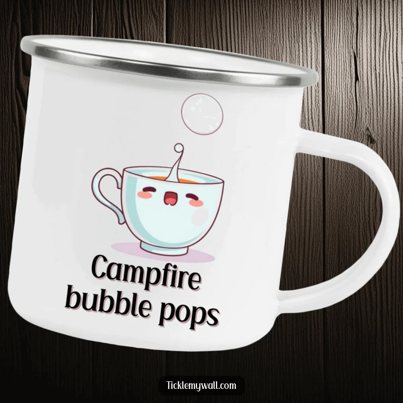 Funny startled teacup spilling a single, large bubble, on a sturdy camping mug for outdoor humor.