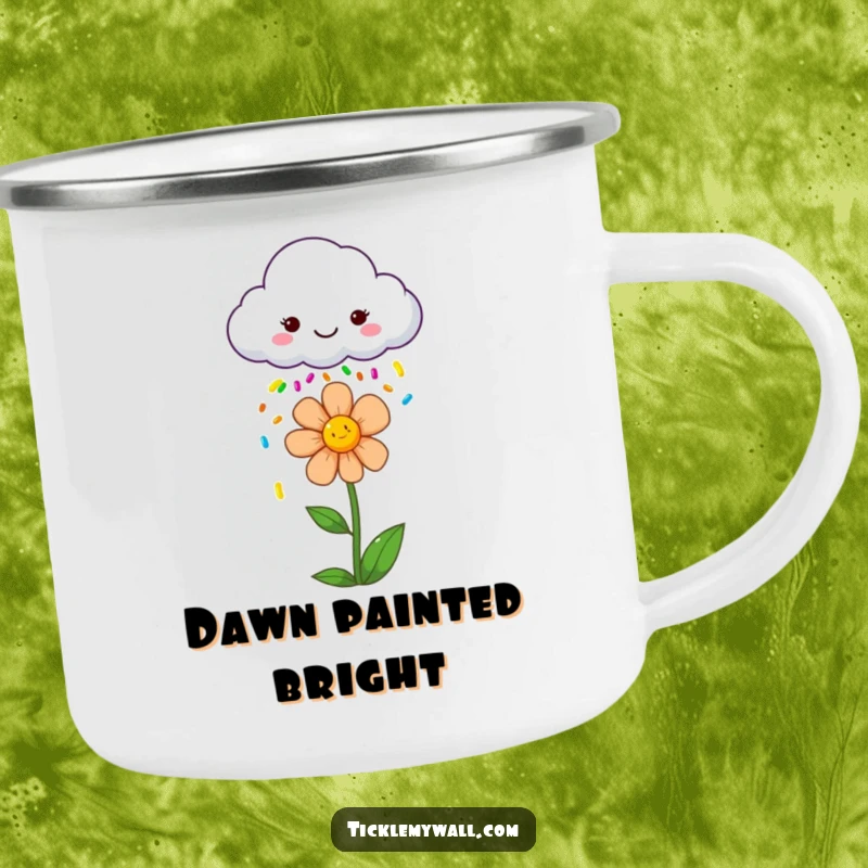 Funny camping mug showing a smiling cloud showering a happy flower with colorful sprinkles, perfect for outdoor cheer.