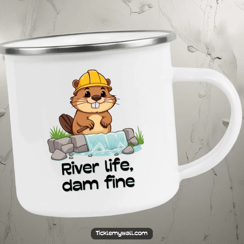 Funny enamel camping mug with a goofy beaver in a hard hat building a wonky dam, for outdoor fun.