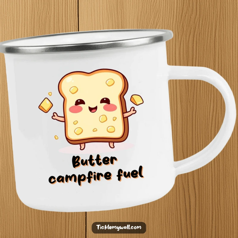 Funny camping mug with a blushing piece of toast gleefully juggling pats of butter, perfect for outdoor enthusiasts.