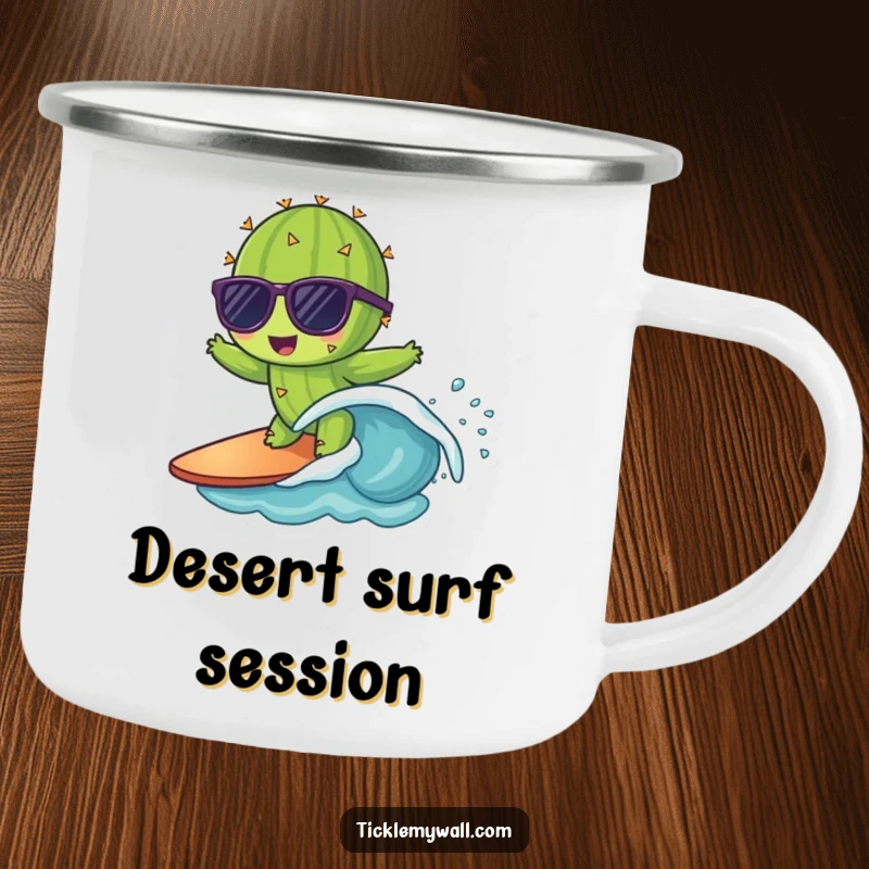 Funny camping mug with a cactus in sunglasses surfing a tiny wave, for a cool and humorous outdoor experience.