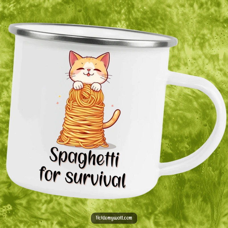 Funny Cat Spaghetti Balance Camping Mug: A cat attempts spaghetti balance during an outdoor adventure, a funny gift.