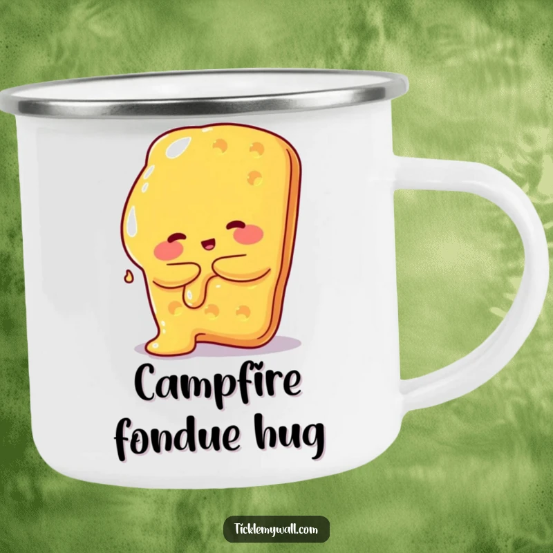 Funny camping mug depicting a melted cheese blob hugging a giant cracker, perfect for outdoor snack enjoyment.