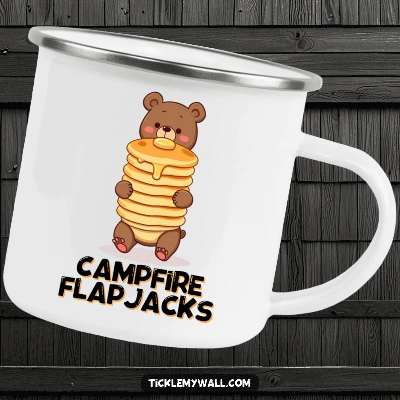 Funny camping mug with a clumsy bear comically balancing a wobbly stack of three pancakes. Rugged humor for outdoor breakfast enthusiasts.