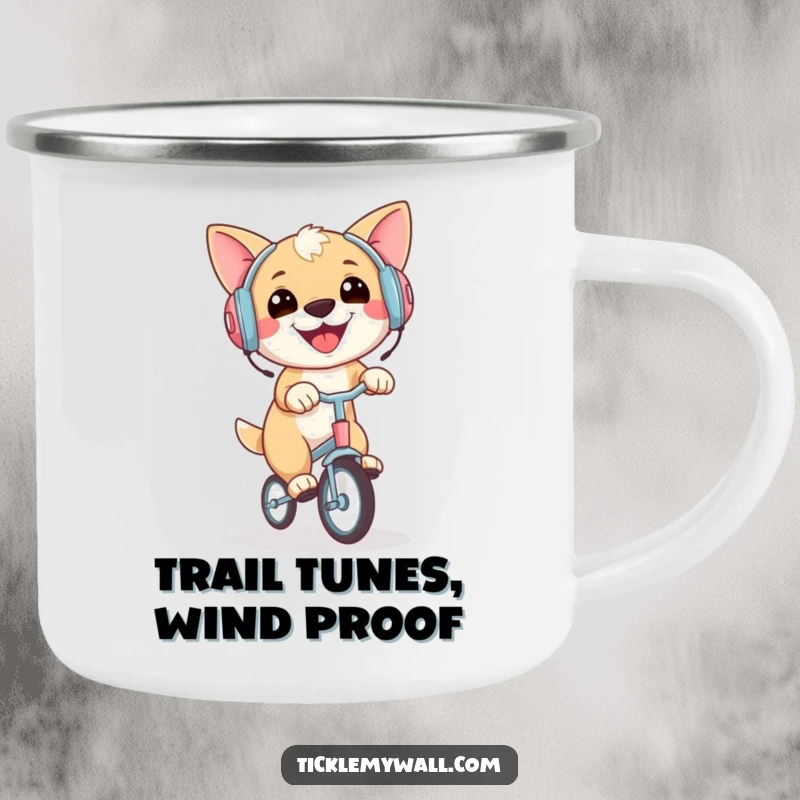 Funny camping mug showing a gleeful dog in earmuffs, riding a tiny unicycle, ready for outdoor humor and warmth.