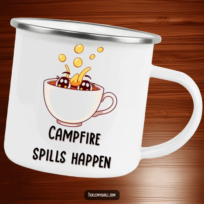 Funny joyful teacup with eyes spilling tea dramatically on an enamel camping mug.