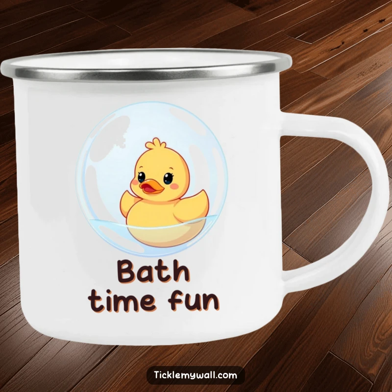 Funny camping mug with a rubber ducky stuck inside a giant bubble. Durable enamel design for outdoor humor and beverages.