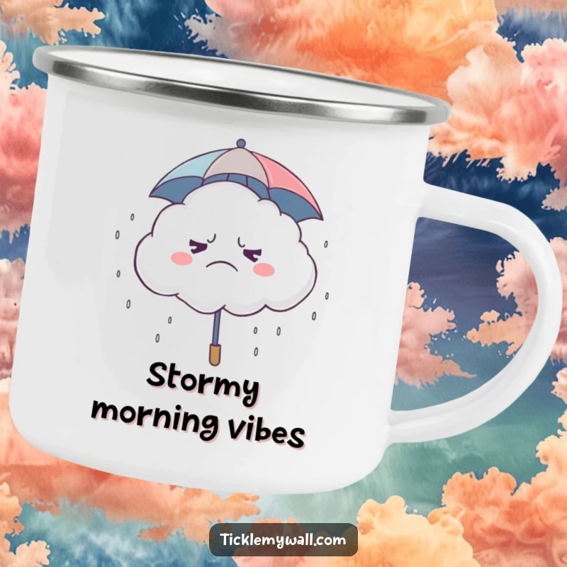 Funny Grumpy Cloud Camping Mug, a grumpy cloud wearing a tiny umbrella, raining giggles during a camping trip.
