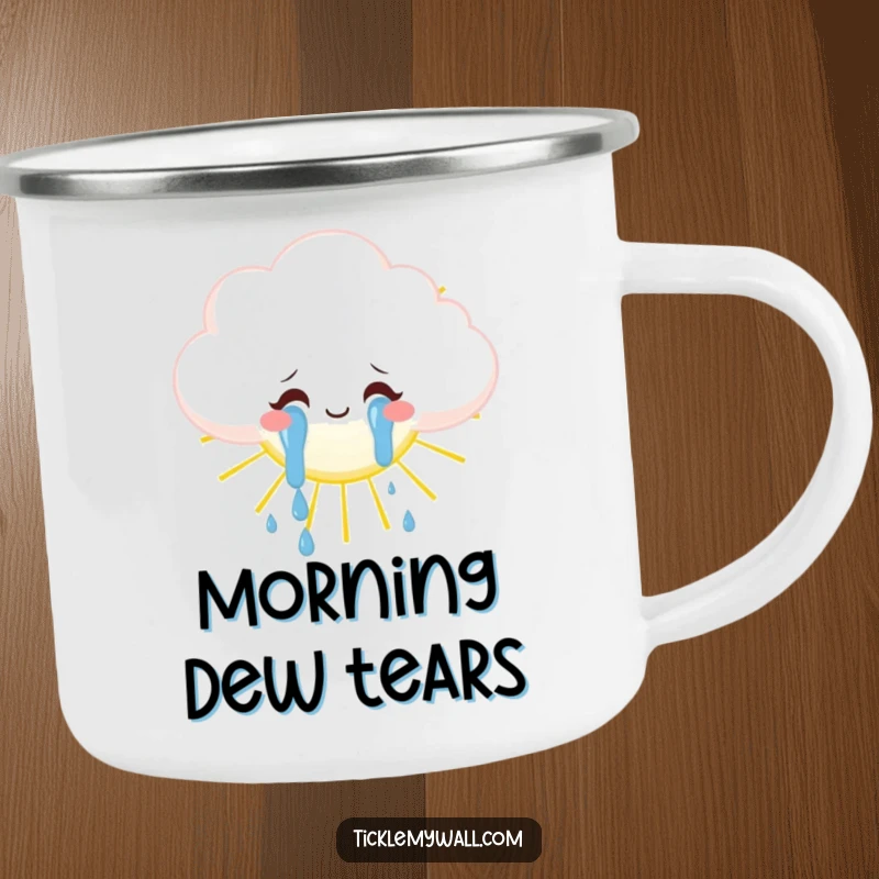 Funny fluffy cloud weeping tears of joy onto a sun, durable camping mug, perfect for outdoor adventures.
