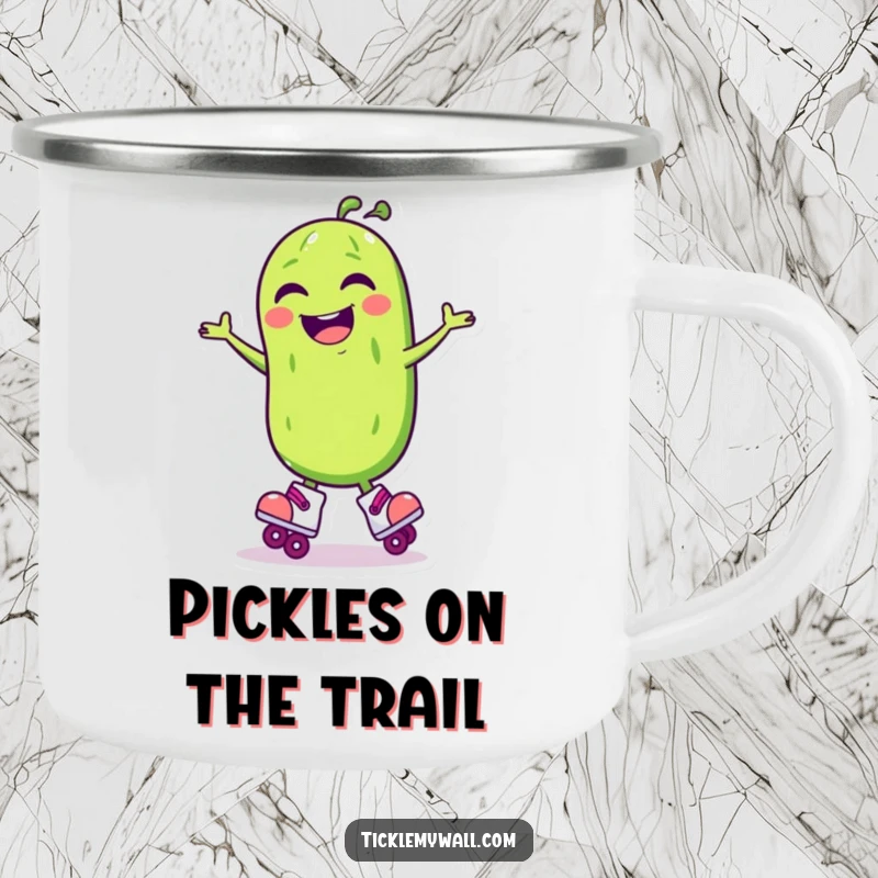 Funny Laughing Pickle Roller Skate Camping Mug: Laughing pickle spins on skates, a funny camping mug.