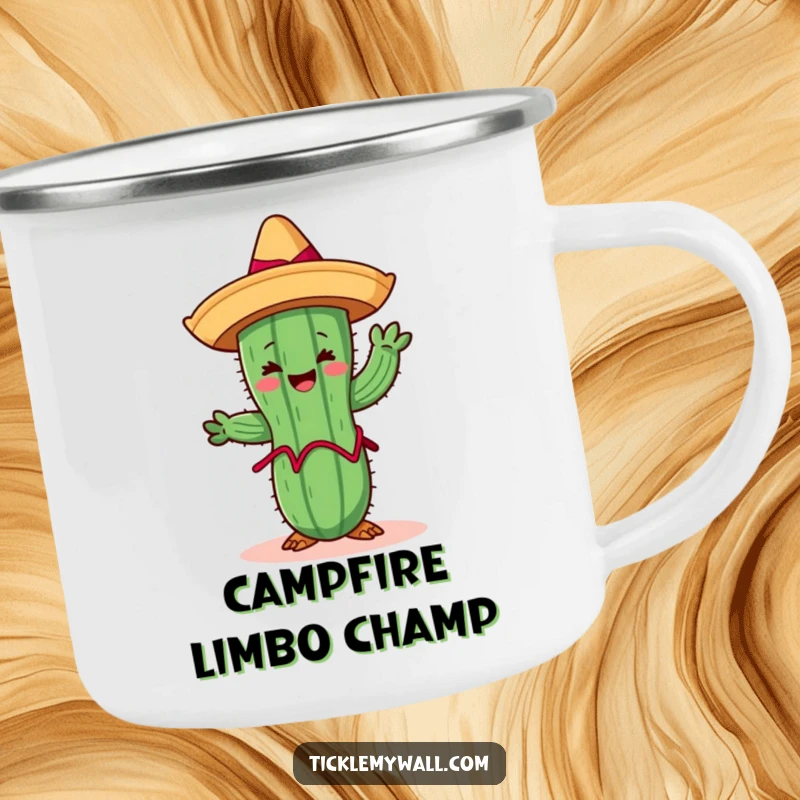 Funny Limbo Cactus Camping Mug: A cheerful cactus limboing in a forest setting, humorous and durable outdoor mug.